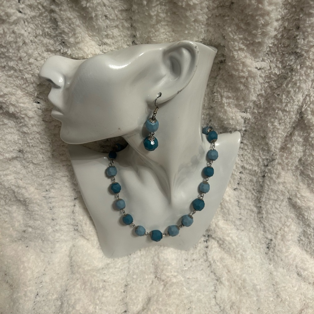 Elegant Blue Beaded Necklace and Earrings set.